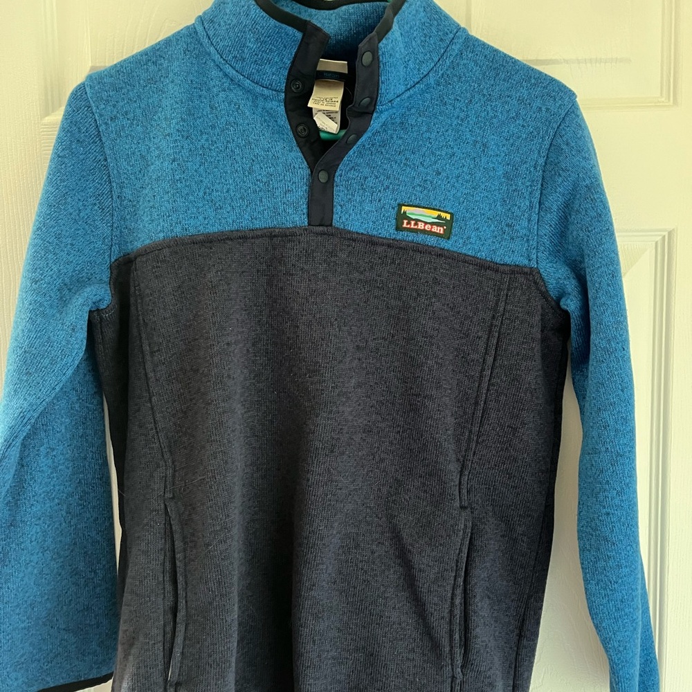 LL Bean Kids Blue Snap Collar Fleece Sweater Pullover size L